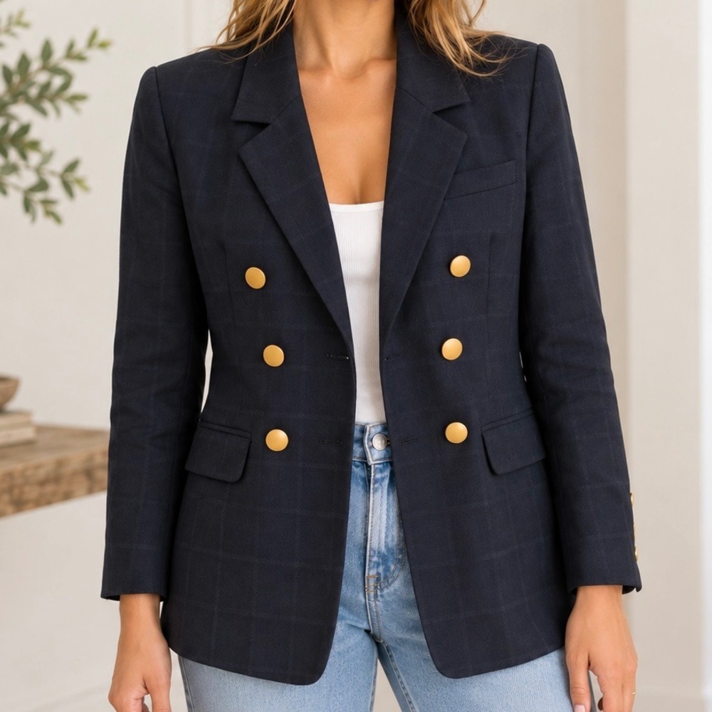 Lord & Taylor Tonal Windowpane Navy Blue Double Breasted Blazer Gold Buttons 4 P